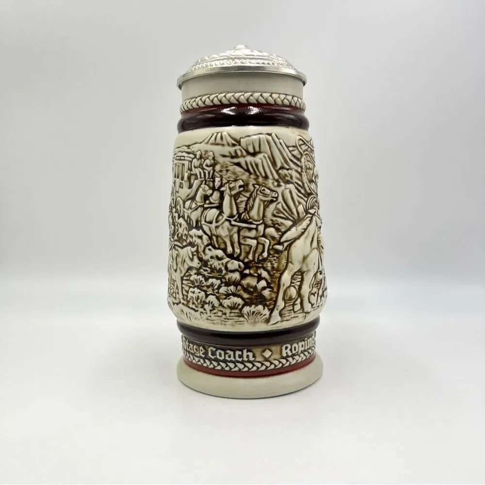 1980 Vintage‎ Avon Beer Stein Cowboy Roping Chuckwagon Cattle Drive Stage Coach